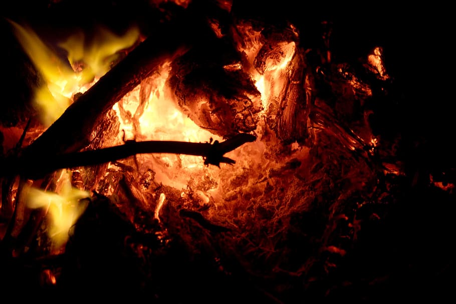 fire, furnace, heat, charcoal, wood, burn, darkness, dark, night, bonfire