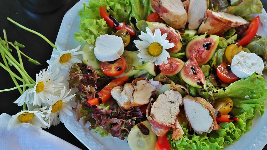 salad dish, Salad, Mixed, Chicken, mixed salad, chicken breast, bacon, lowcarb, raw food, healthy