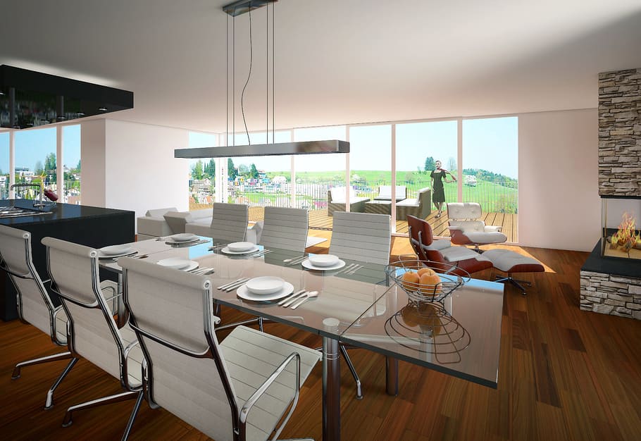 set, six, chairs, rectangular, clear, glass table, interior, hotel, rendering, visualization