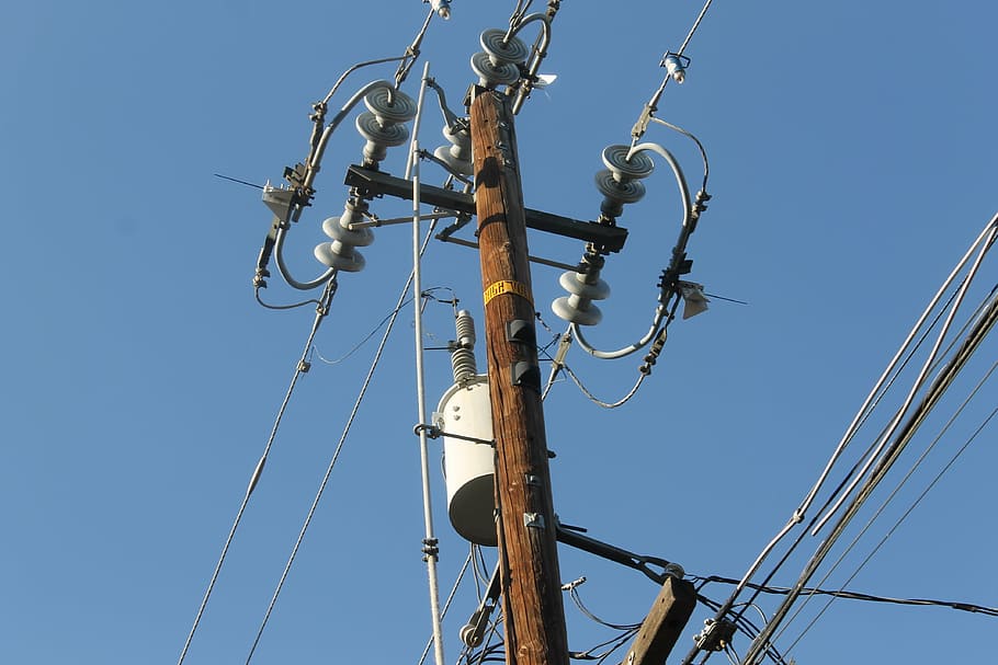 brown, black, electric, post, clear, blue, sky, transformer, power-line, electricity