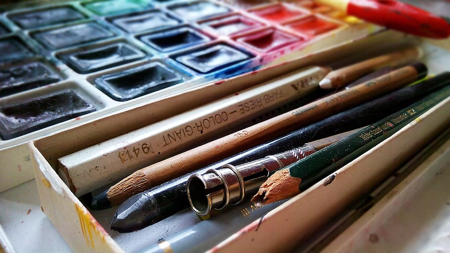 여러 색깔의 연필, 케이스, 그림, 무승부, 연필, 펜, 수채화, 페인트, 예술과 공예, 멀티 컬러