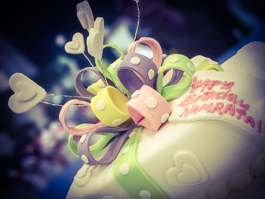 pink, green, white, purple, icing-covered cake, cake, dessert, sweet, food, birthday cake