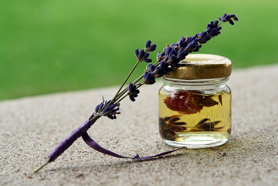 purple, lavender, flower, clear, glass jar, oil, rose, aroma, aromatherapy, essential