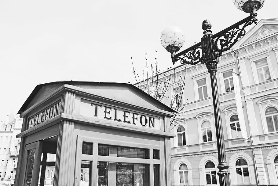 phone, phone booth, lantern, old, black and white, spa, karlovy vary, architecture, building exterior, built structure