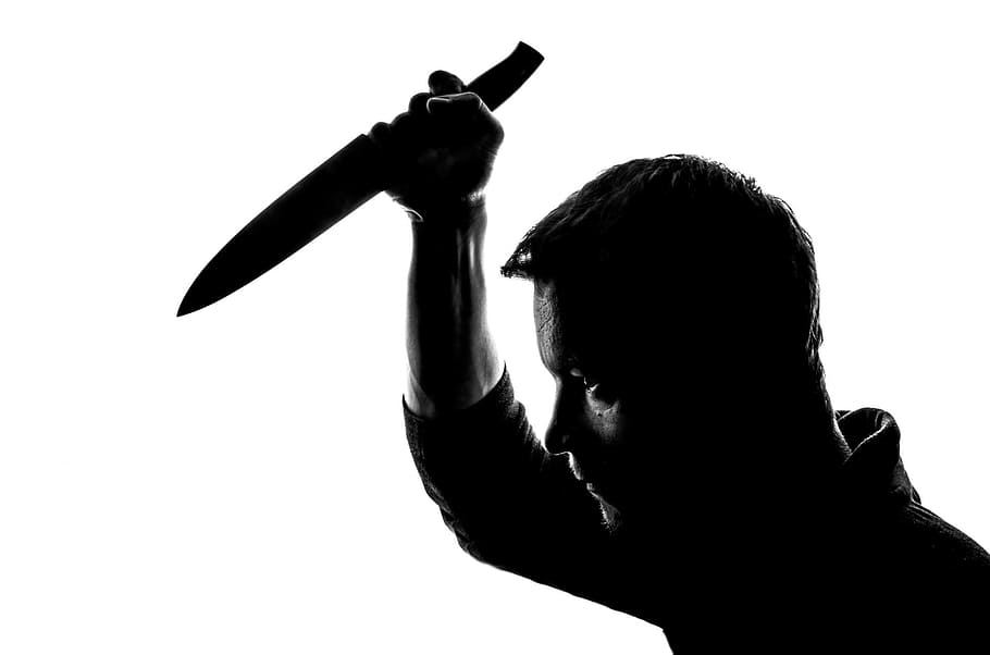 man, black, collared, shirt, holding, knife, man in black, people, stabbing, stab