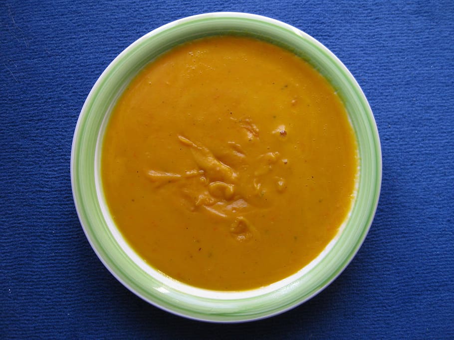 bowl, sauce, blue, surface, Pumpkin Soup, Orange, Plate, Eat, soup, food