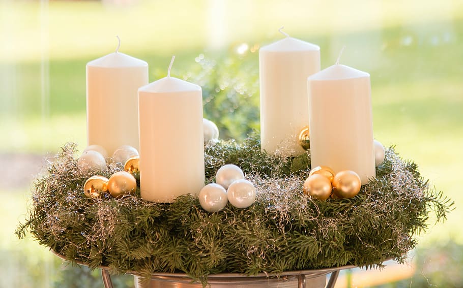 four, white, pillar candles, top, green, wreath, advent, christmas, candle, advent wreath