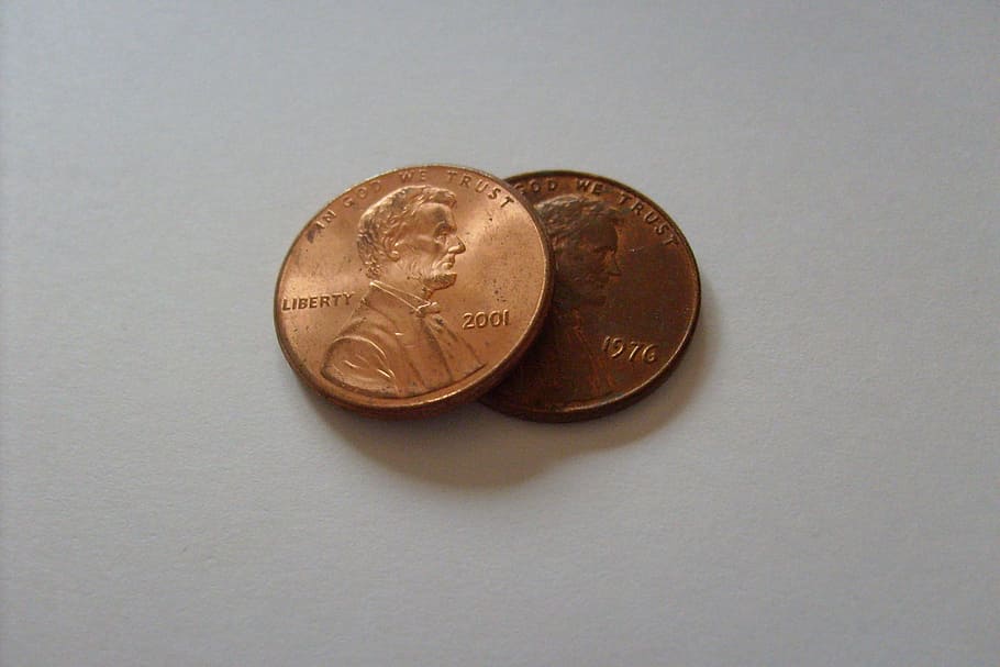 two, round gold-colored liberty coins, Penny, Cent, Lincoln, Money, Coins, Coin, finance, studio shot