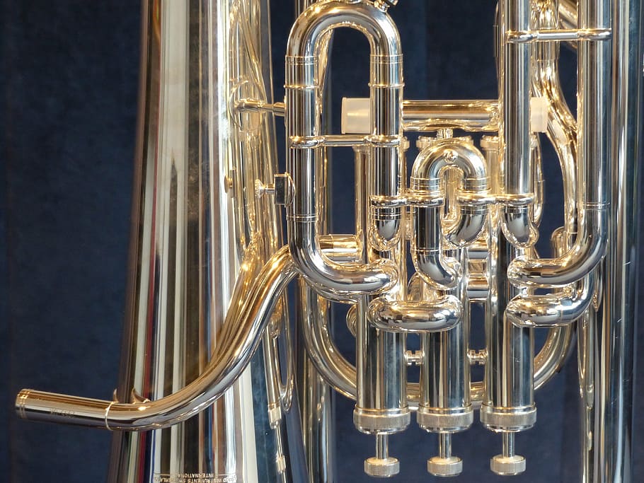 close-up photography, brass wind instrument, euphonium, instrument, sheet, music, bugle, périnet valves, shine, rays