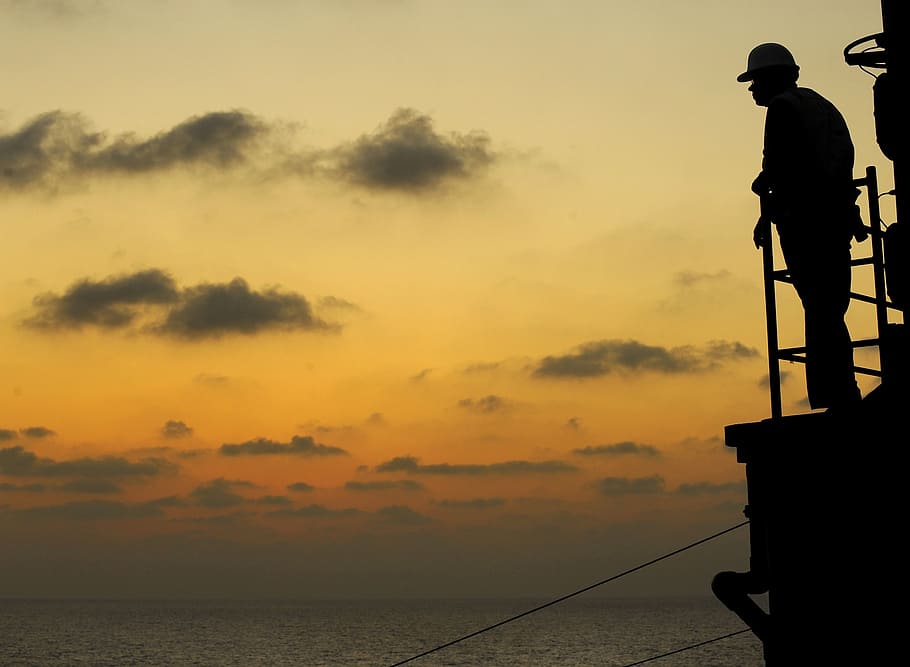 silhouette of man, man, worker, watching, sunset, sea, ocean, ship, watch, water