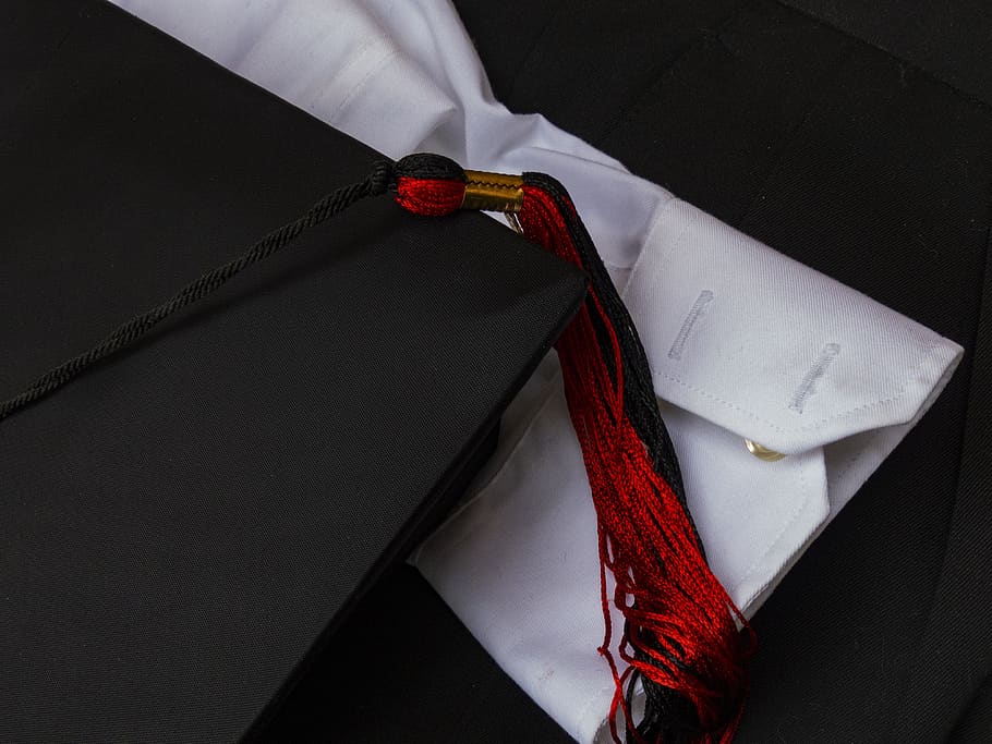 graduation cap, graduation tassel, black, red, school, graduation, education, achievement, tassel, academic