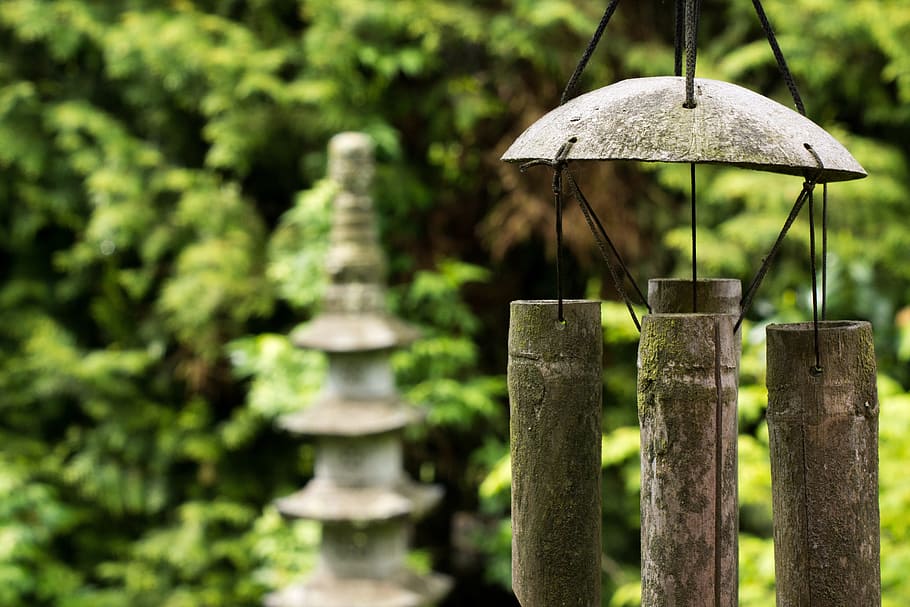 gray, door chime, trees, wind chime, feng shui, stone lantern, lantern, garden, windspiel, japanese garden