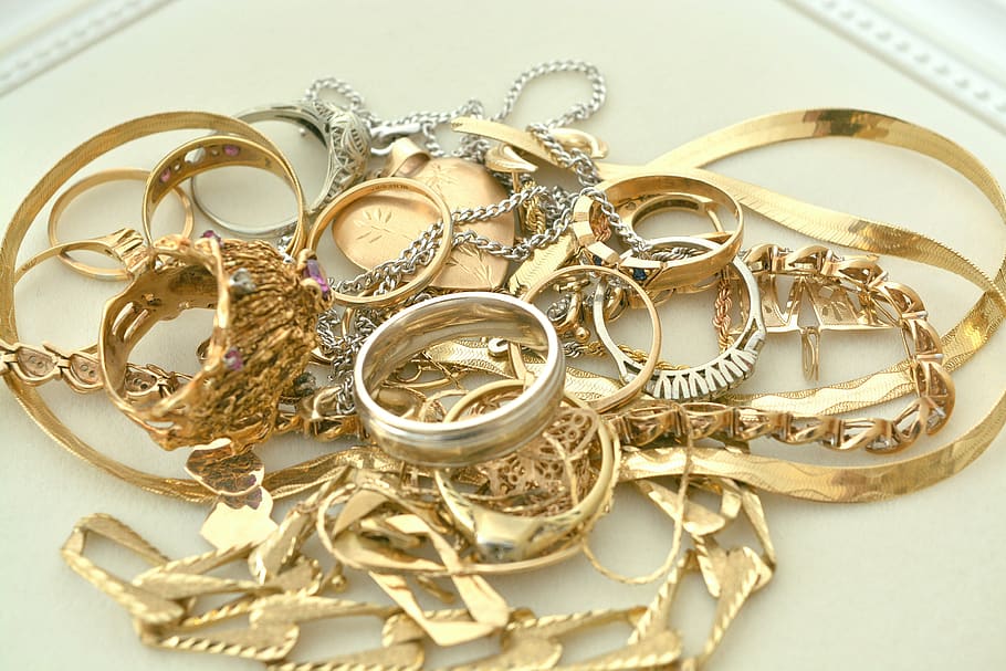 ouro, jóias, luxo, cor de ouro, anel, corrente de ouro, riqueza, antigo, anel de casamento, dentro de casa