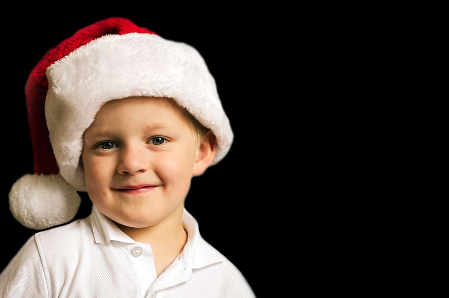 boy, wearing, white, polo shirt, santa hat, black, background, christmas, child, kid
