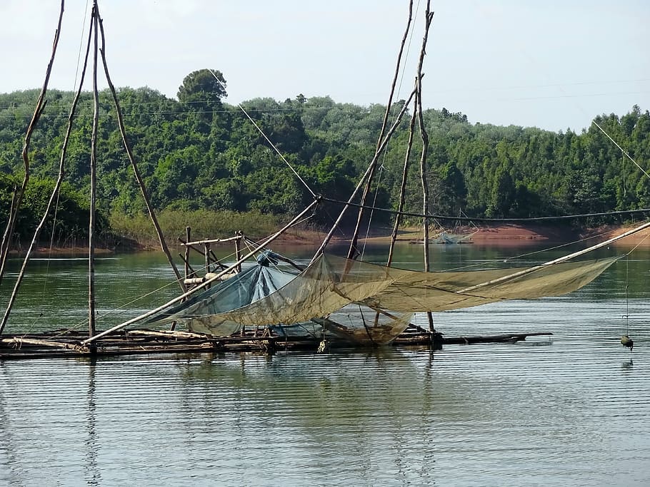laos, vang vieng, lake, fishery, netting, fish, reflections, traditional fishing, nautical Vessel, nature