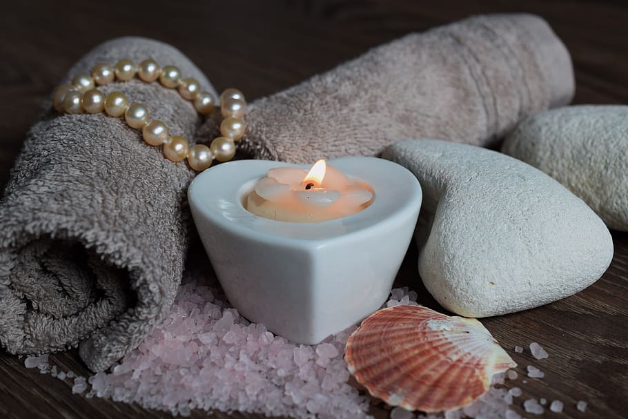 white, candle, sea shell, stone, spa, candles, relax, pearls, wellbeing, aromatherapy