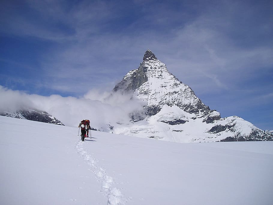 person, climbing, snowy, mountain, matterhorn, zermatt, mountains, alpine, switzerland, snow