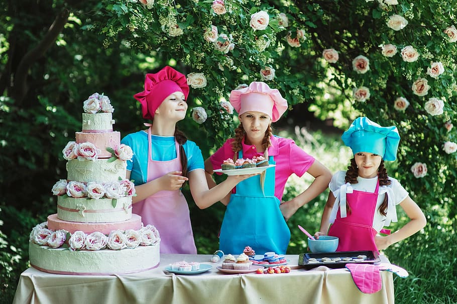 three, girls baking cake, trees, cooks, confectioner, children's, sweets, cake, baking, sponge cake