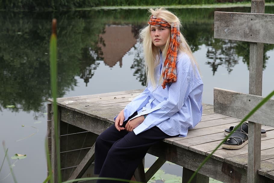 young girl, bohemian, blonde, wall, fashion, water, bridge, relax, one person, sitting