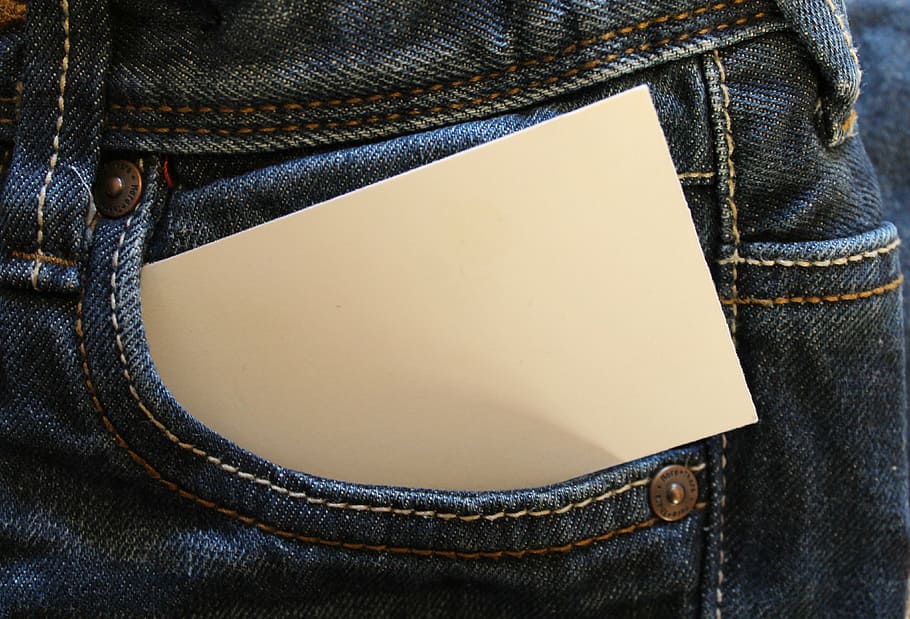 card on pocket, jeans, bag, pocket, business card, pants, list, stitched, blue, rivet