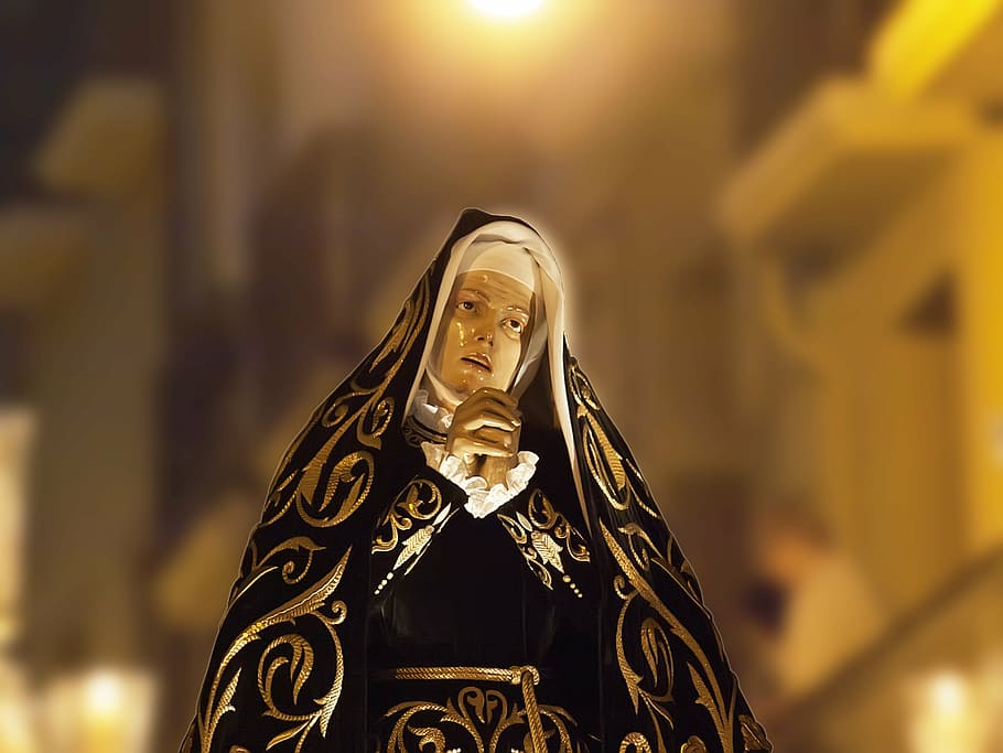 religious statue, blessed virgin mary, procession, painful, pamplona, religion, spirituality, people, cultures, praying