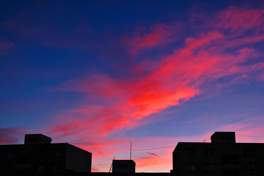 roof tops, sunrise, sky, cloud, clouds, cloudscape, colors, red, blue, silhouette