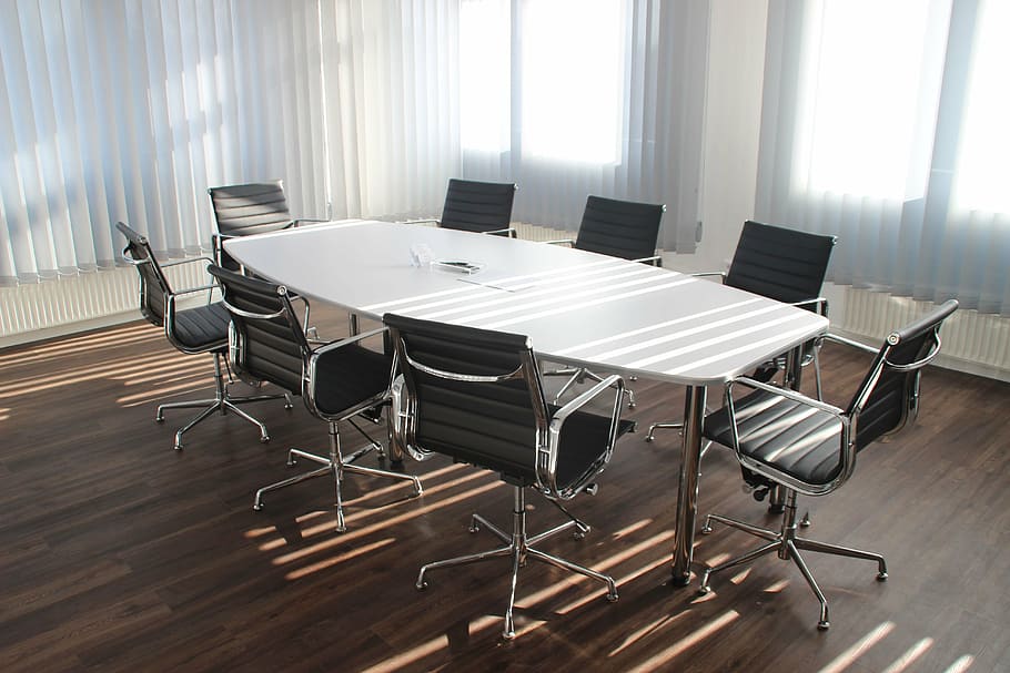 white, wooden, table, eight, armchairs, office, meeting, work, business, law firm