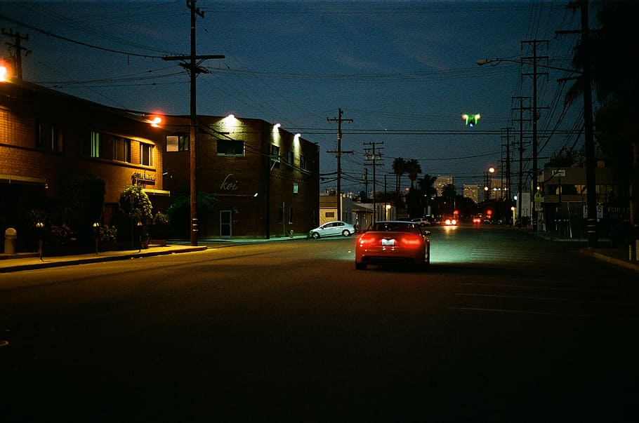 車両, 道路, 夜間, 車, 通り, 緑, ライト, 夜, 赤, 暗い
