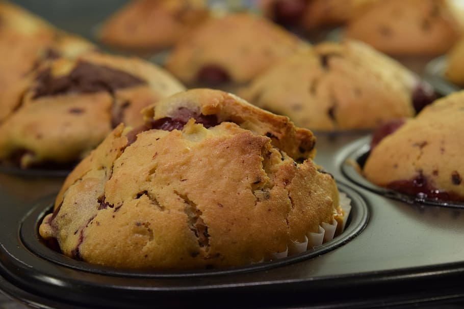 selective, focus photography, muffins, pan, muffin, cherry muffin, delicious, eat, food, bake