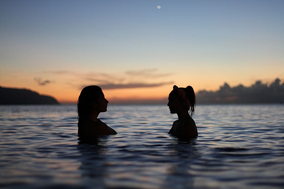 people, girls, women, swimming, friends, sea, water, ocean, beach, sunset