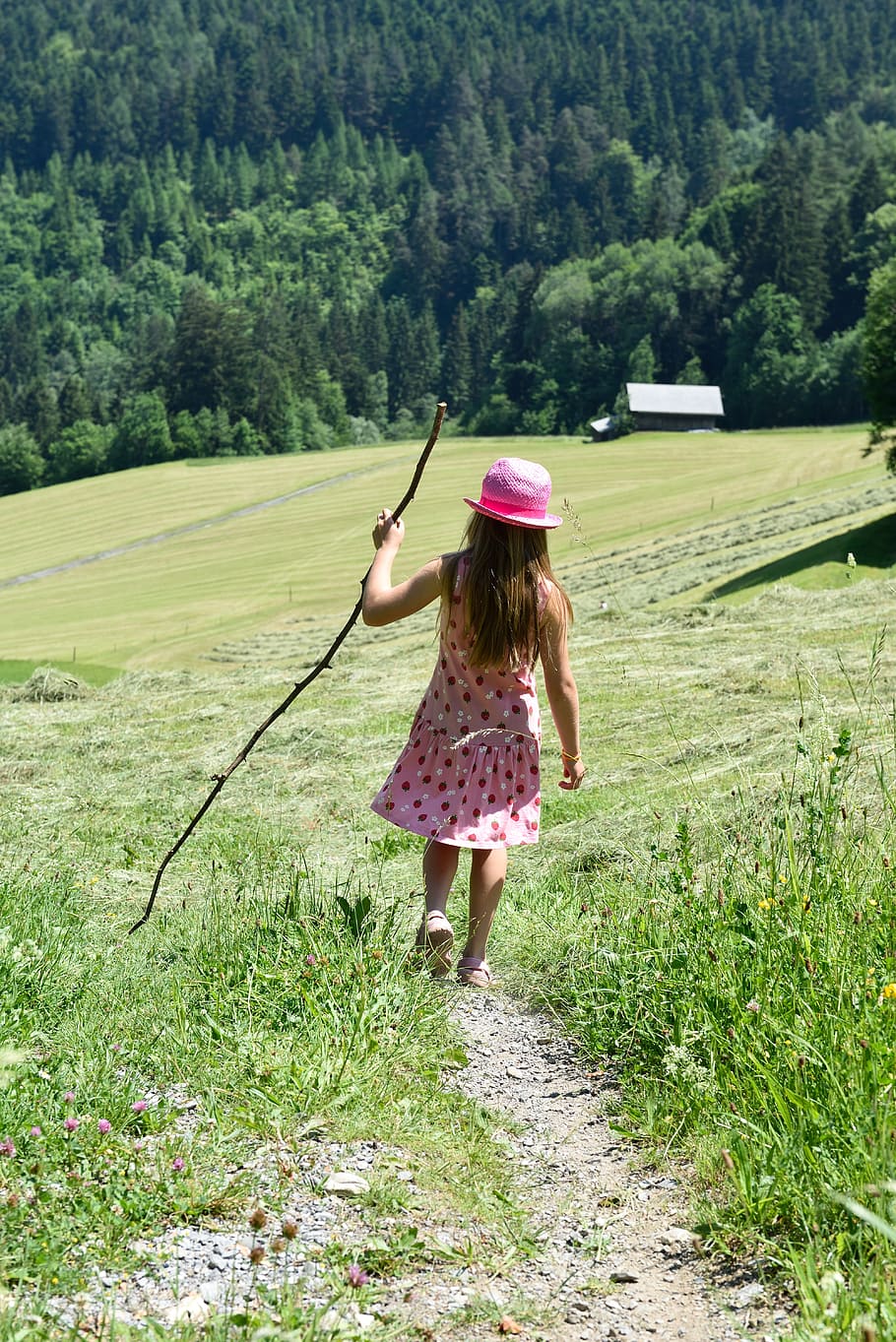 girl, holding, stick, walking, green, grass, daytime, person, human, child