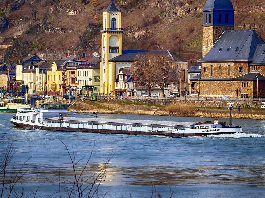 Germany, Rhine, River, Ship, Barge, rhine, river, water, reflections, shore, shoreline
