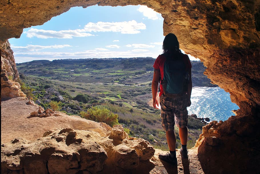 man, view, see, nature, beautiful, cave, window, natural, gozo, malta