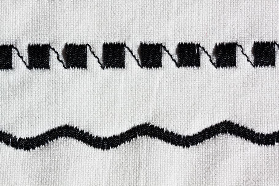 sewing machine, embroidery, black, white, sew, hand labor, tinker, fabric, zig zag, pattern