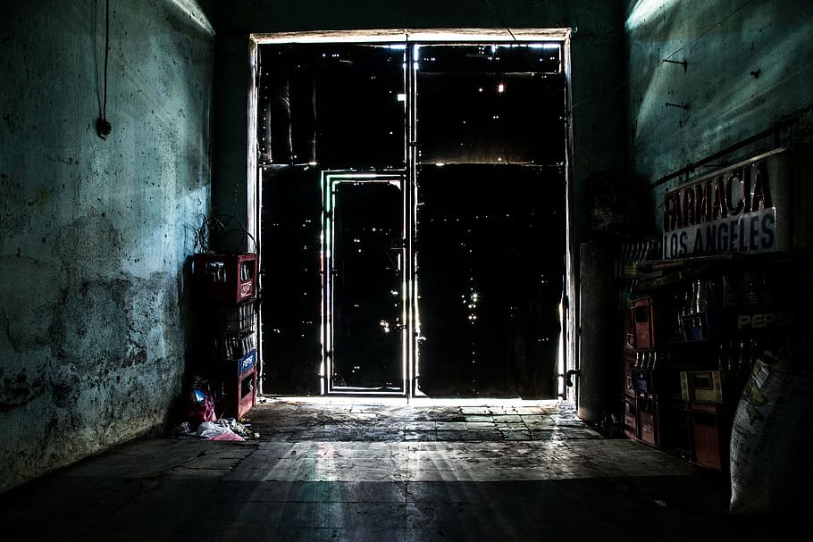 closed, black, metal gate, dark, night, storage, stock, room, security, indoors