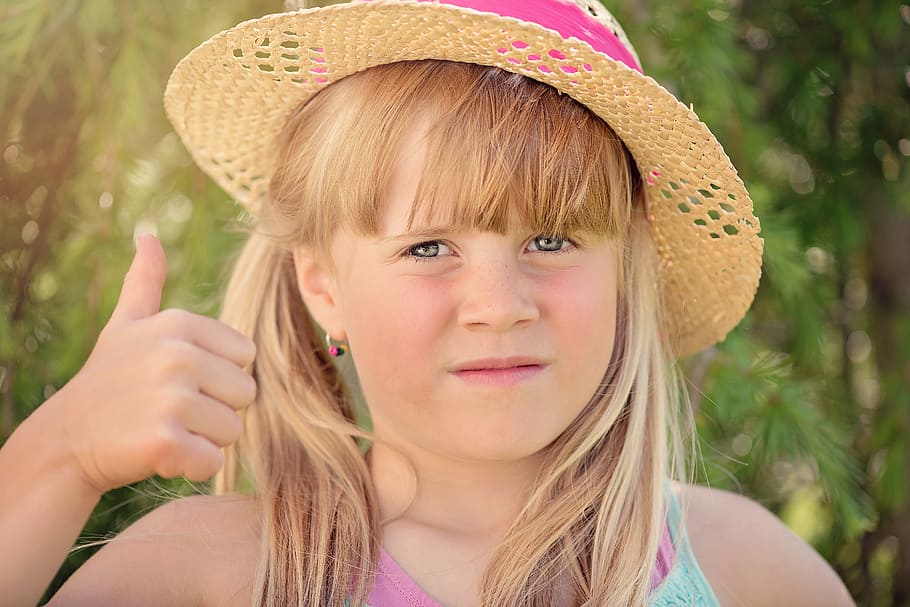 girl, wearing, sun hat, person, human, child, hat, thumbs up, face, portrait