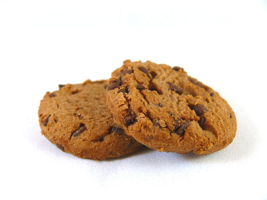 close, two, chocolate cookies, brown, cookies, chocolate chips, chocolate, food, dessert, delicious
