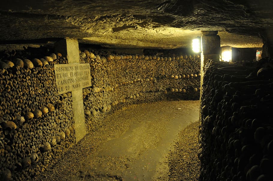 cave, skeletons, paris, catacombs, cemetery, illuminated, night, indoors, nature, built structure