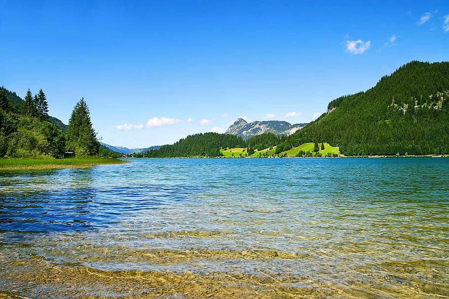 tyrol, haldensee, austria, tannheim, mountains, water, nature, summer, lake, leisure