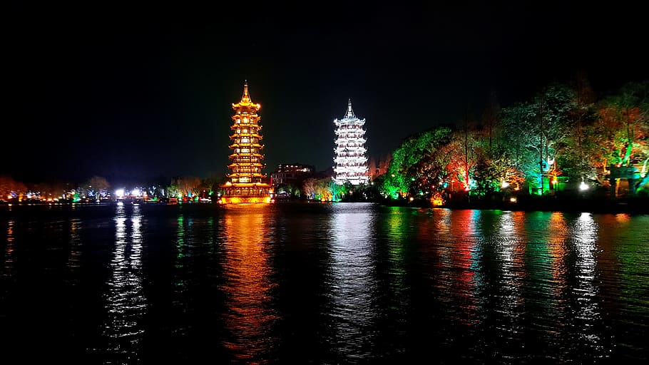 the twin towers, guilin, night view, night, illuminated, reflection, architecture, water, building exterior, built structure