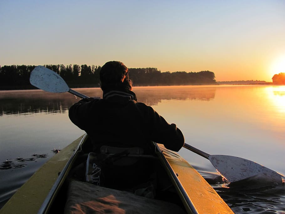 Kayak, mañana, sol, panorama, amanecer, cielo, paisaje, naturaleza, temprano en la mañana, río