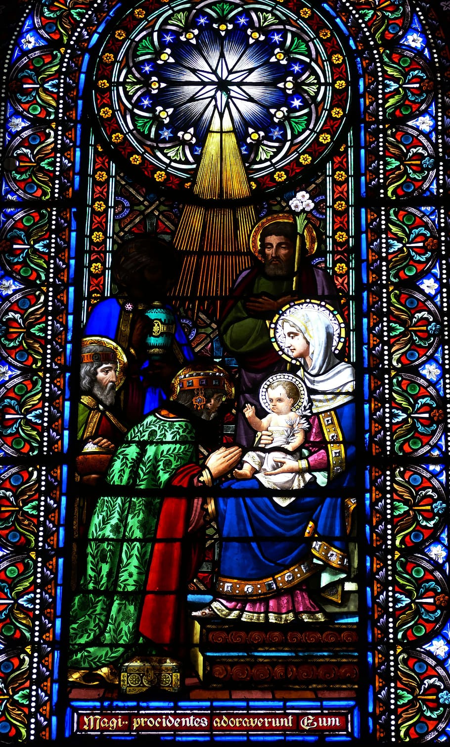 jendela gereja, kaca berwarna, gereja, Kekristenan, iman, Maria, Kristen, seni, hari Natal, montserrat