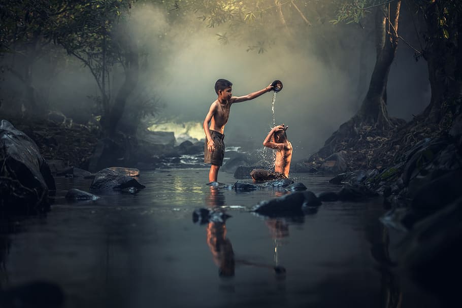 소년, 붓는, 물, 사람, 강, 아시아, 소년들, 작은 만, 씻기, 캄보디아