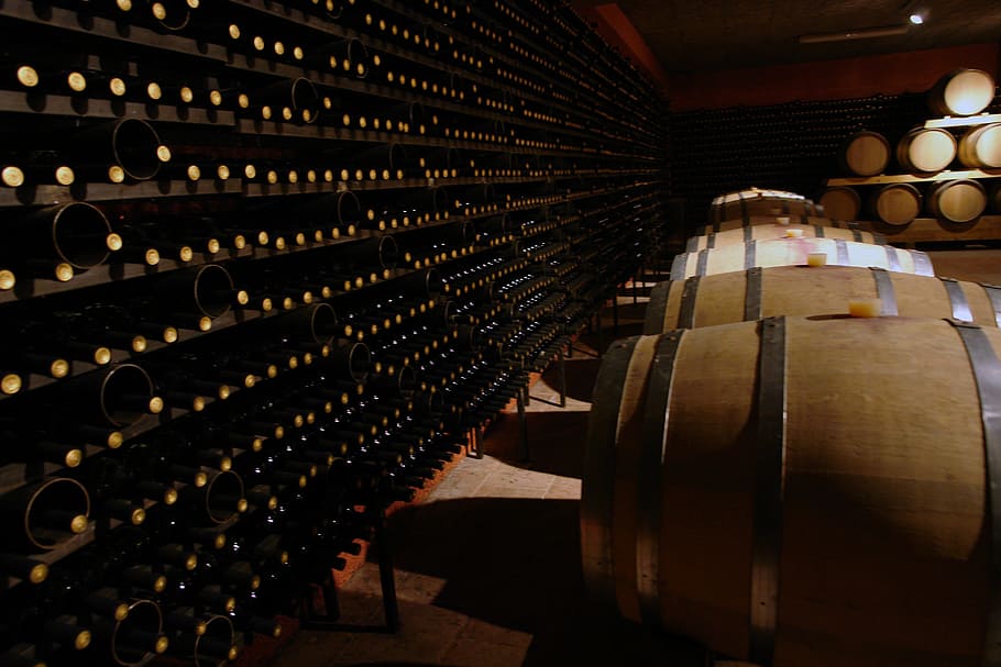 shelf, front, wooden, barrels, Wine Cellar, Wine, Cellar, Winery, wine, cellar, bottle