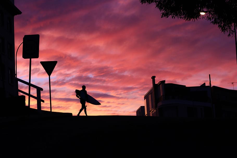 silhouette, person, carrying, surfboard, clouds, man, sunrise, sunset, surfer, outdoors