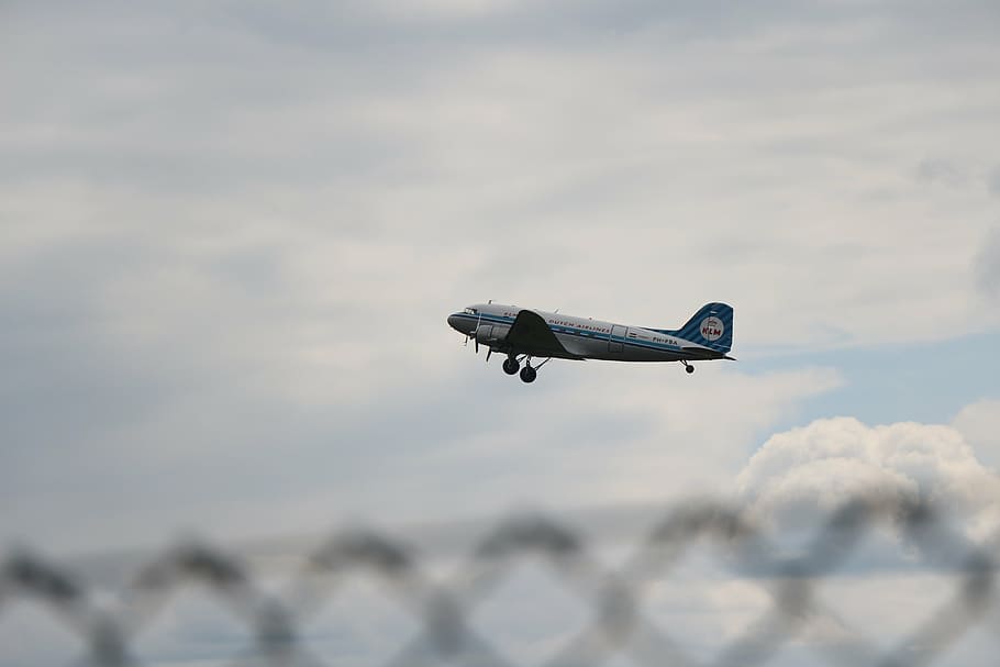 gray, white, airline, flying, sky, daytime, plane, dc3, klm, areoplane