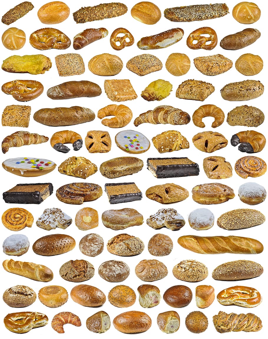 encontre 3 pretzel, plano de fundo, coleção, comida, pão, pão da suábia, pão de atletas, pão branco de vara, pão do país, pão integral