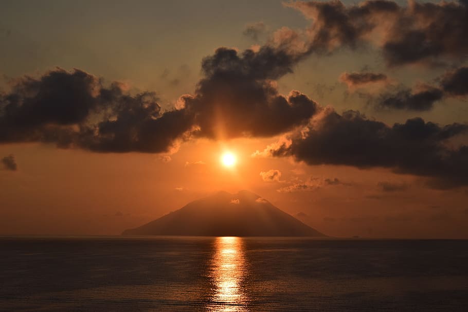 distant, mountain, golden, hour, sun cloud sea stromboli volcano, sunset, dawn, landscape, body of water, home day