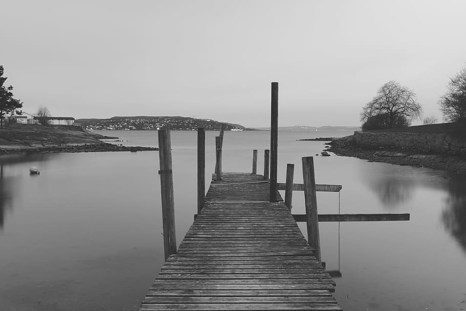 grayscale photo, body, water, bridge, jetty, pier, dock, black and white, bw, night