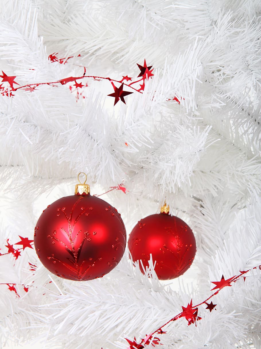close-up photo, two, red, baubles, hanging, white, christmas tree, ball, bauble, branch